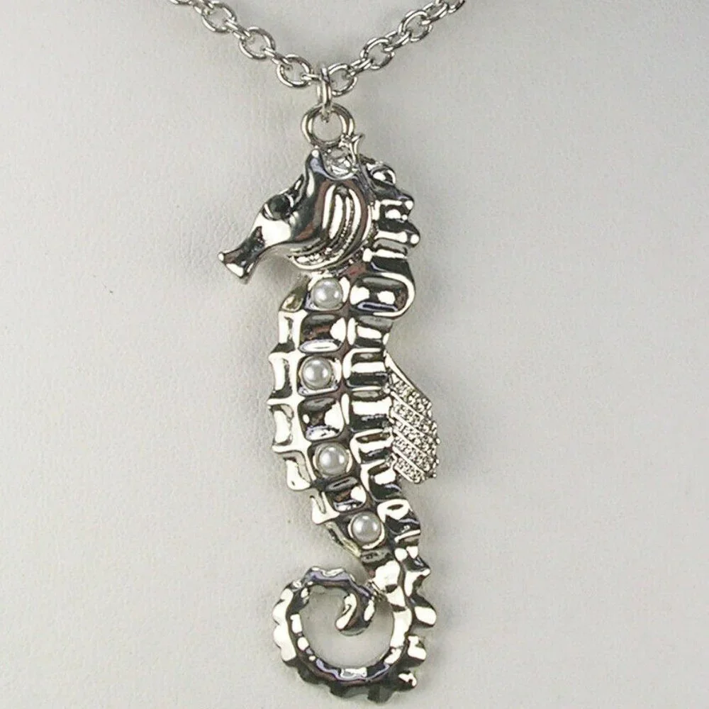 Nolan Miller Seahorse Necklace Faux Pearl Silver Tone 16